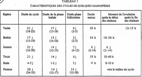 Caractéristiques des cycles de quelques mammifères