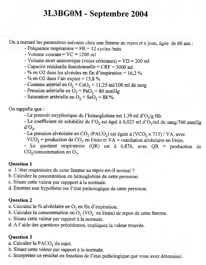 [sujet] Physiologie Animale – Respiration – Licence – Septembre 2004