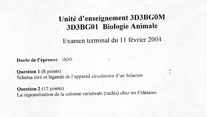 [sujet] Biologie Animale – Licence – Février 2004