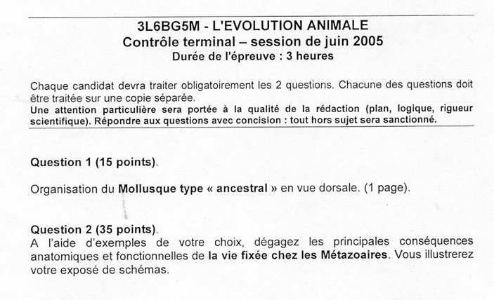 [sujet] Biologie Animale – Licence – Evolution animale – Juin 2005