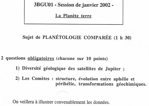 [sujet] Planétologie – Licence – Janvier 2002