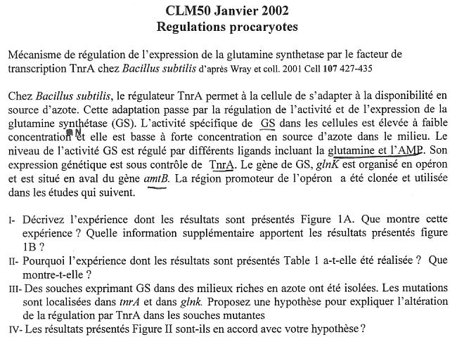 [sujet] Régulation Procaryotes – Licence – CLM50 – Janvier 2002